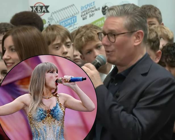 Keir Starmer says he went to see Taylor Swift in concert and his favourite song is 'Change'. Credit: ODN/ Inset: Taylor Swift performs at Wembley Stadium on June 21, 2024 Picture: Gareth Cattermole/Getty Images