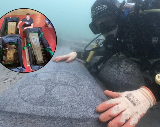 Tom Cousins, a maritime archaeologist from Bournemouth University, recovered some medieval gravestones from an ancient shipwreck.