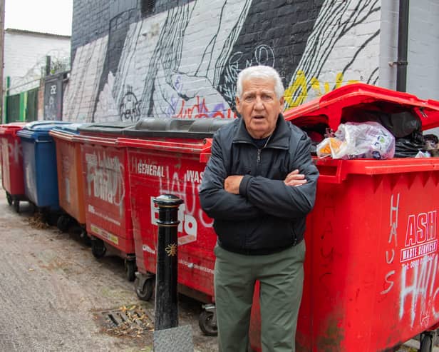 Nino Gugliemi, 82, who has run a female hair salon on Wilmslow Road in Manchester for 60 years backs onto the alley ways of where students live and have dumped rubbish after moving out for the summer. 