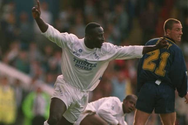 Tony Yeboah celebrates scoring against Wimbledon in 1995. Photo: Getty Images.