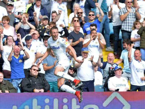 Luke Ayling celebrates scoring against Rotherham.