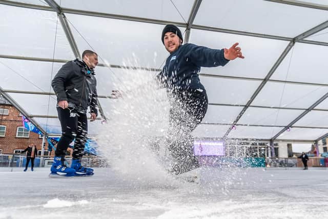 Opening of Ice Cube Leeds in Millennium Square, Leeds. Pictured Harry Greaves, 21, having fun on the ice.
