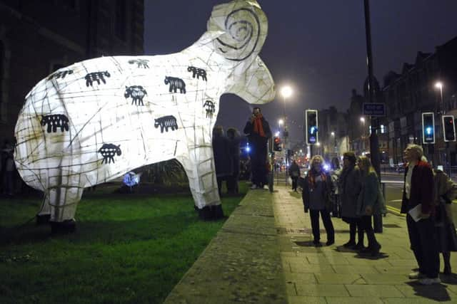 DISPLAY: Pyramid of Arts giant sheep outside the Methodist Mission on Oxford Place for Leeds Light Night 2010.