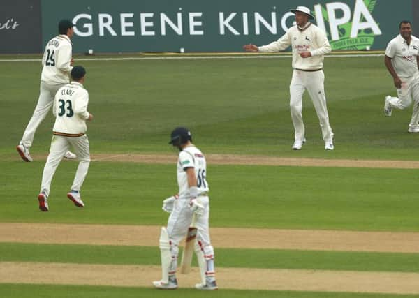 Samit Patel of Nottinghamshire celebrates the wicket of Joe Root with Stuart Broad at Trent Bridge Picture: Matthew Lewis/Getty Images)