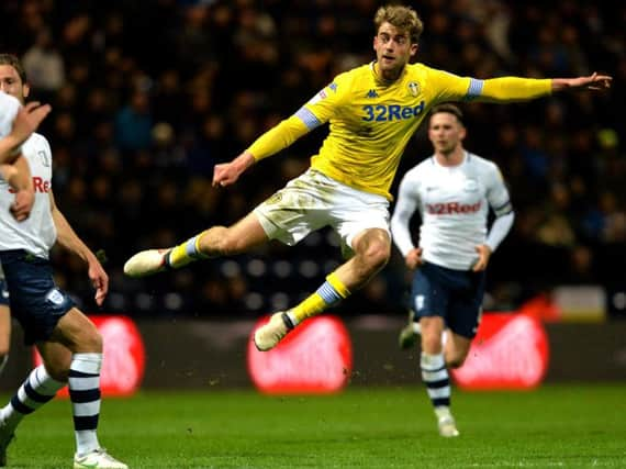 Leeds United striker Patrick Bamford celebrates at Preston.