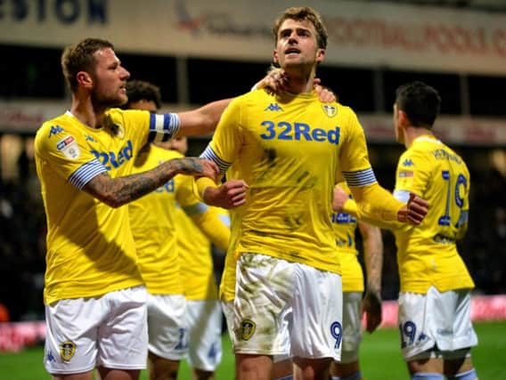 Leeds United and Patrick Bamford celebrate at Deepdale.