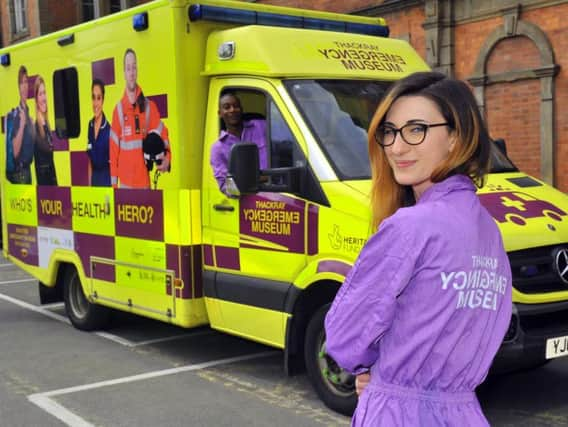 NLYP Ambulance.Leah Dungay a Learning  officer for the Thackray museum   with Andrew  Pyke-Condor the driver of the Thackray  Emergency Museum  ambulance . pictured at St James Hospital in Leeds.