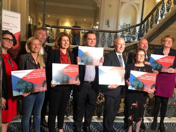 Shadow Transport Secretary Andy McDonald (fourth from right) with MPs, councillors, and candidates in support of delivering both HS2 and Northern Powerhouse Rail. Photo: Geraldine Scott