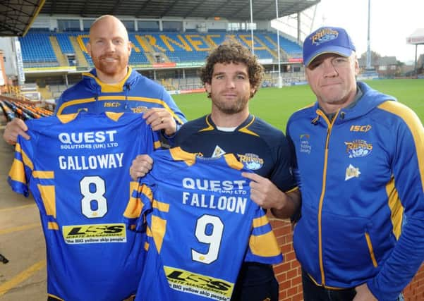 New Leeds Rhinos signings Keith Galloway and Beau Falloon at Headingley with head coach Brian McDermott.