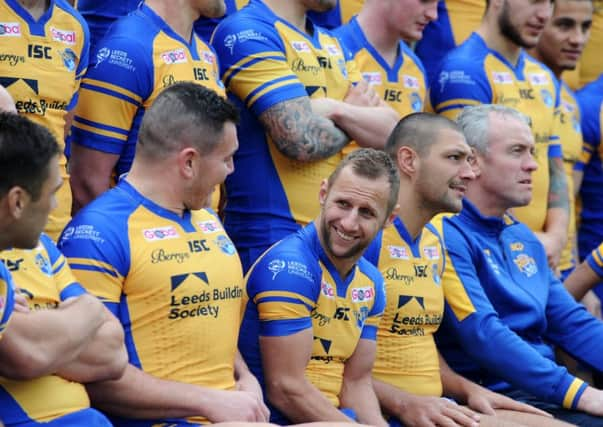 Leeds Rhinos Rob Burrow shares a joke at the 2017 team photocall. (Picture: Jonathan Gawthorpe)