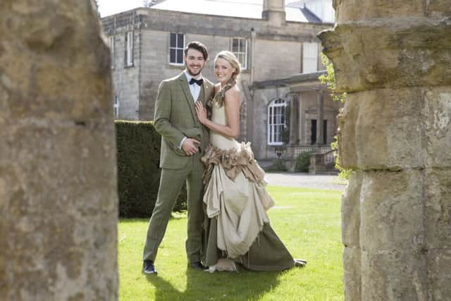 Ronan wears: YAS mens jacket, ?250; waistcoat, ?135; trousers, ?135; cap ?39.99. All by Brook Taverner eveningwear. Amy wears: Bespoke wedding dress with YAS tweed detail, by James Steward Couture.