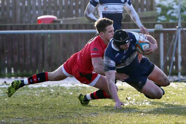 Steve McColl touches down for Carnegie against Jersey.