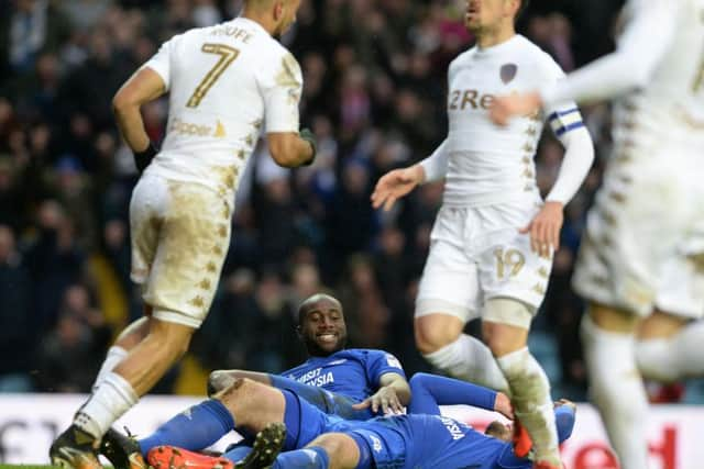 Former Leeds captain, Sol Bamba, smiles a rueful smile after his own goal at Elland Road on Saturday. PIC: Bruce Rollinson