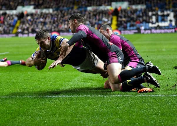 Jimmy Keinhorst goes over for Leeds Rhinos' second try against Hull KR.