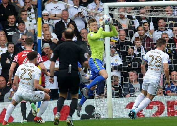 Bailey Peacock-Farrell takes a cross during Leeds United's 1-1 draw with Sunderland.