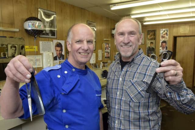 Bruno's  Hair Salon, Harehills Road, Leeds
John Kay and Dave Webster who are haning up their scissors