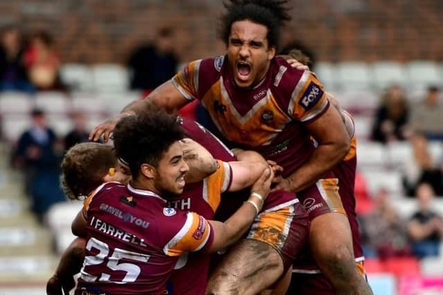 Batley celebrate Jason Crookes' try.